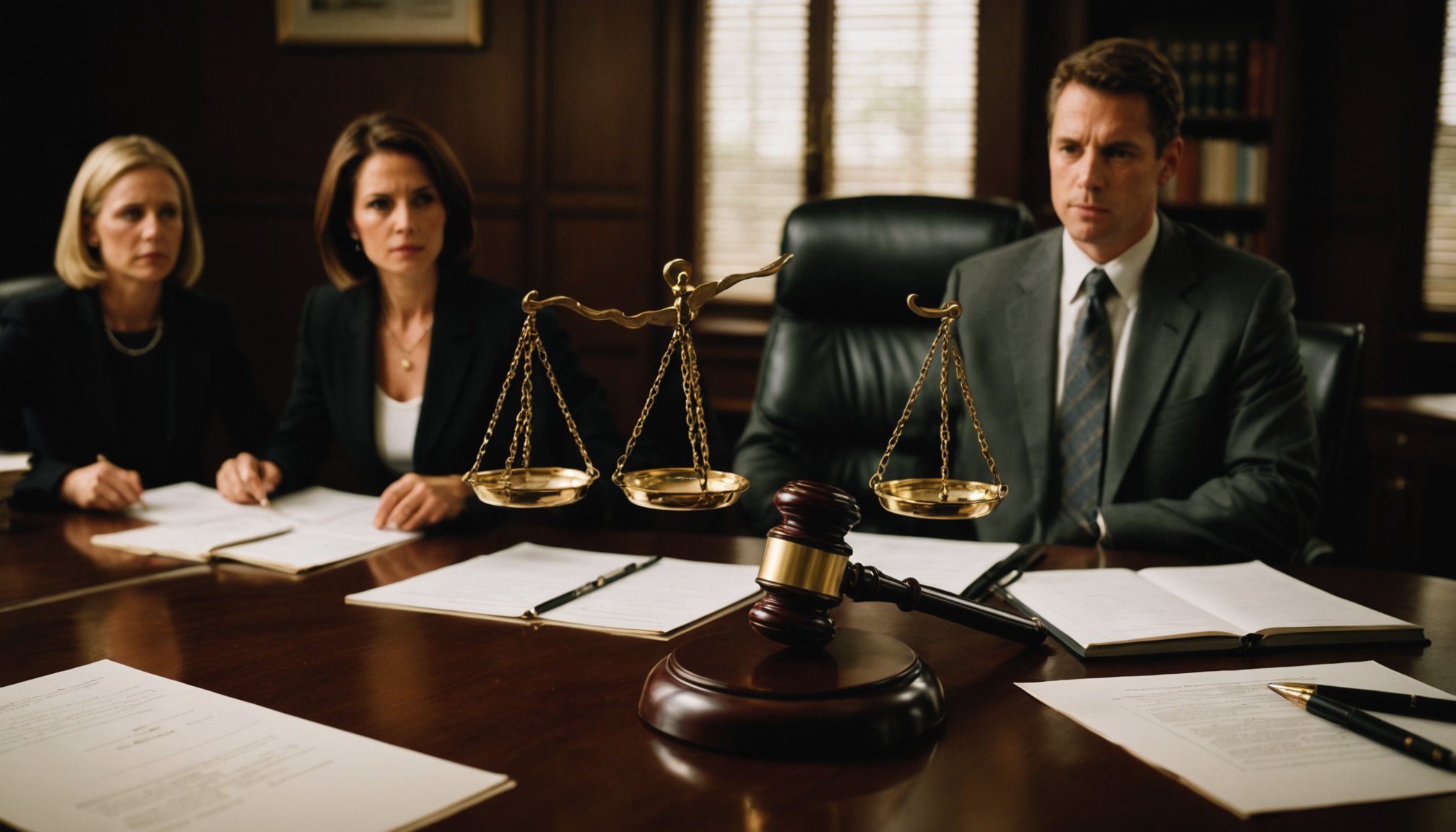 Attorney reviewing client intake documents at a family law office desk with two folders open