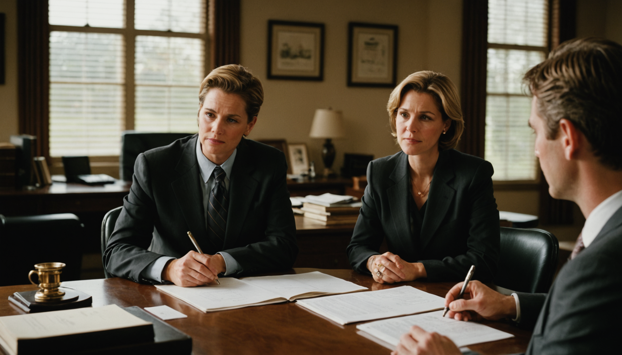 Attorney across desk reviewing documents with client during family law office consultation