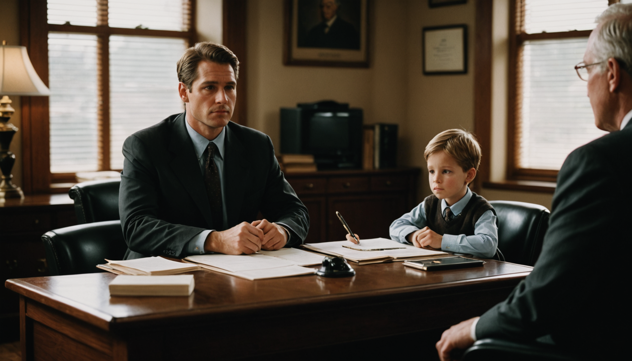 Father and young child reviewing documents with attorney at conference room table