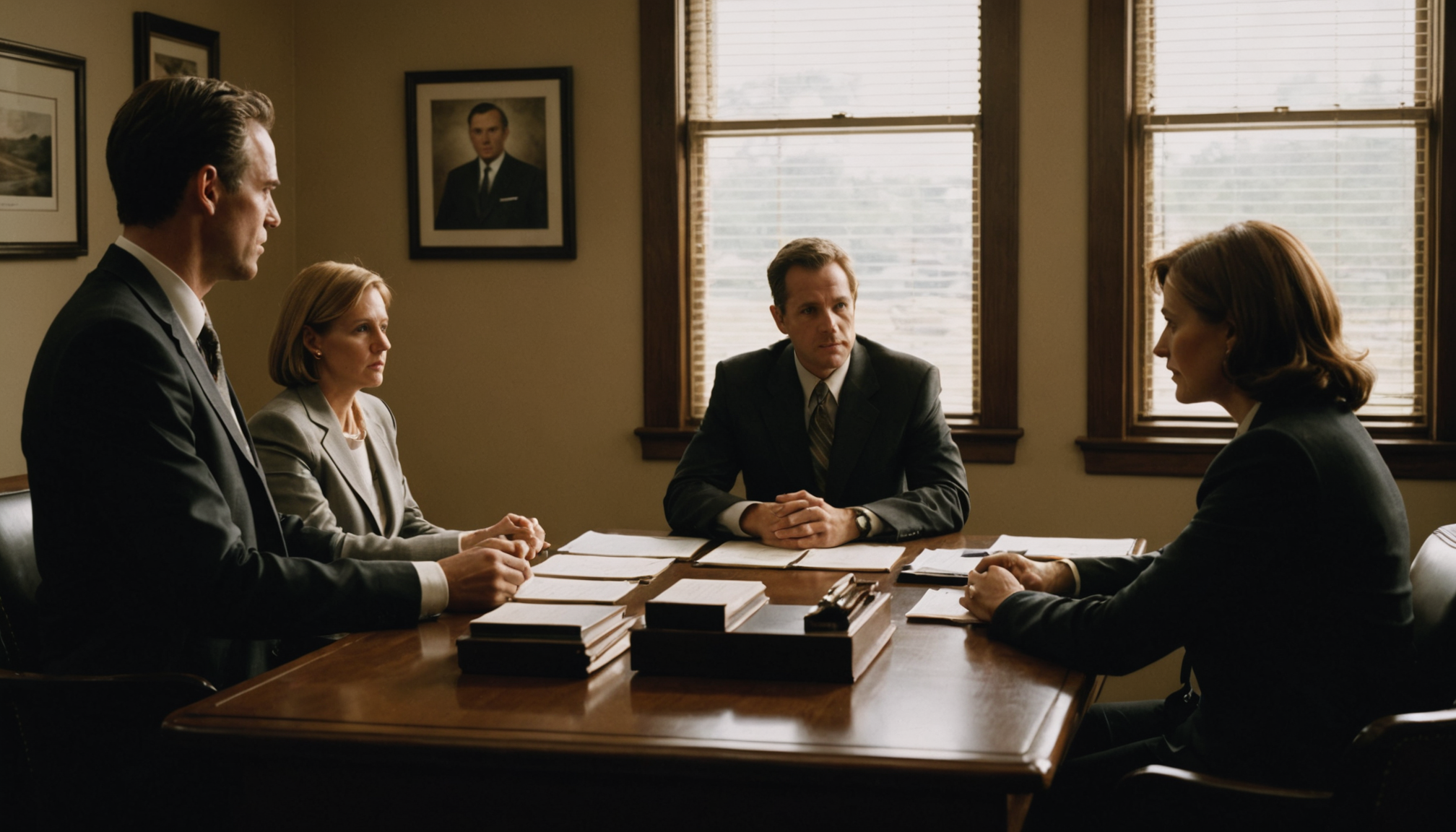 Attorney reviewing case files at a desk with a clock and legal documents visible