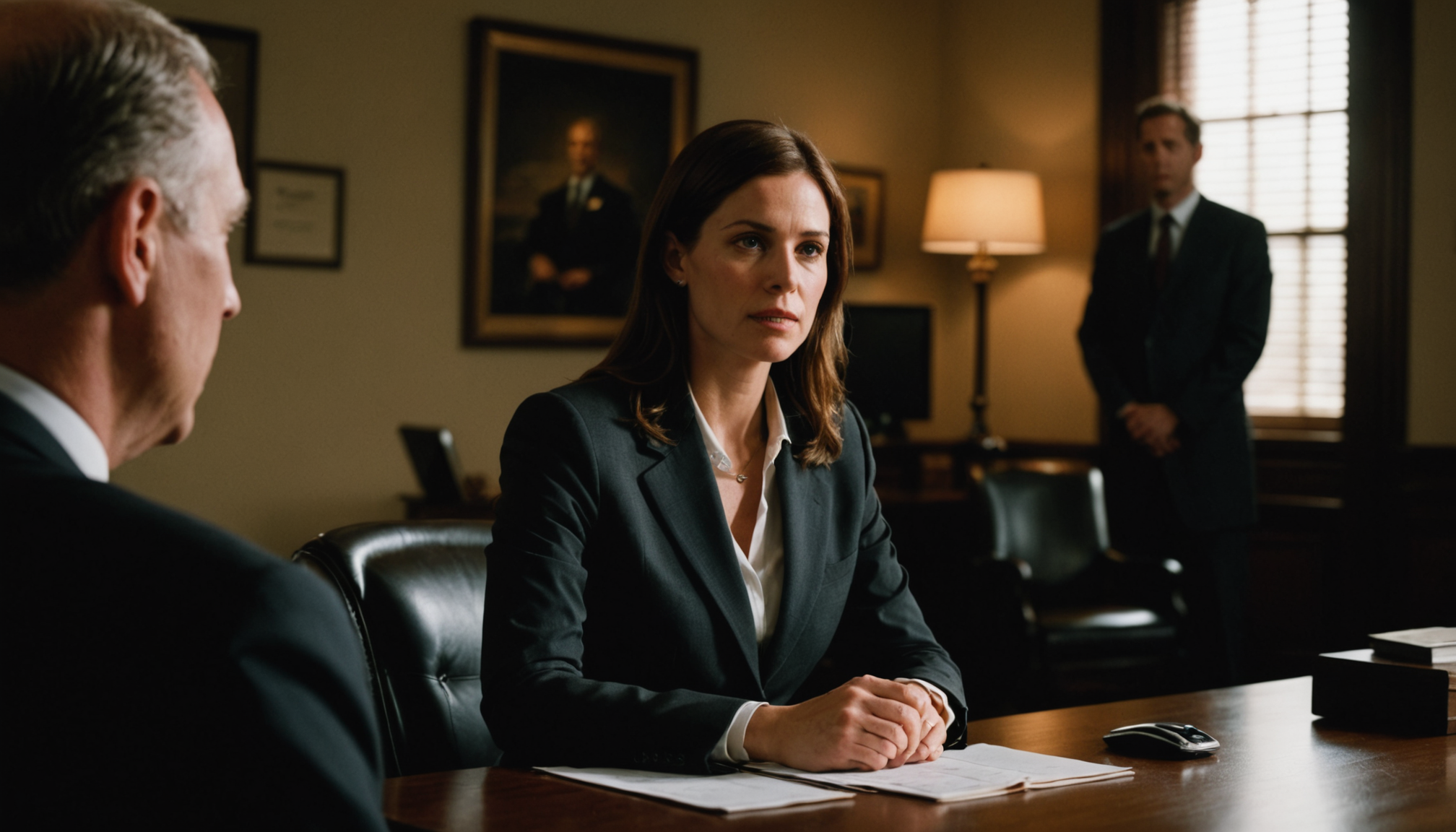 Two attorneys reviewing documents at a conference table in a professional family law office