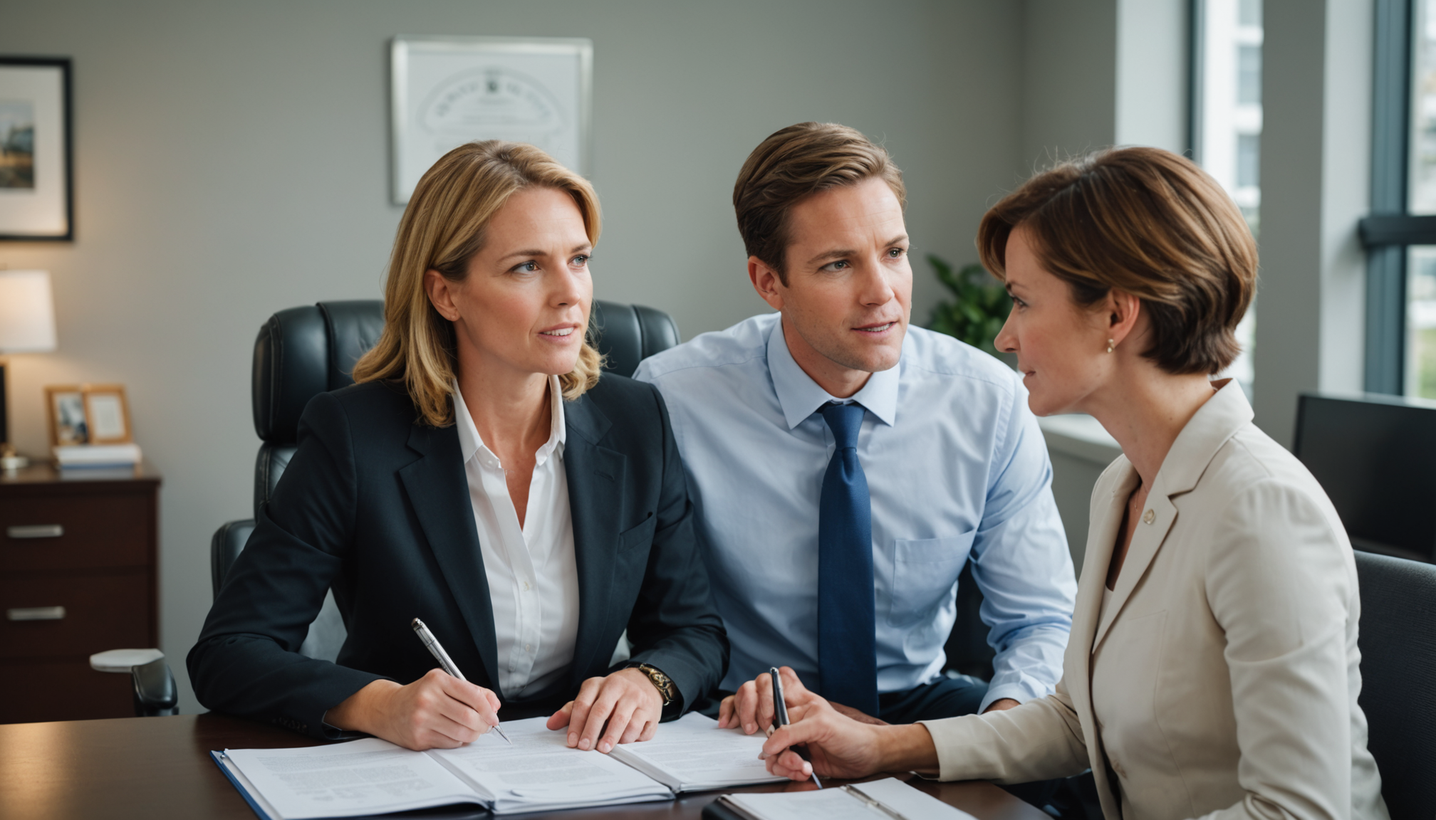 Family law attorney reviewing divorce documents with a client across a desk