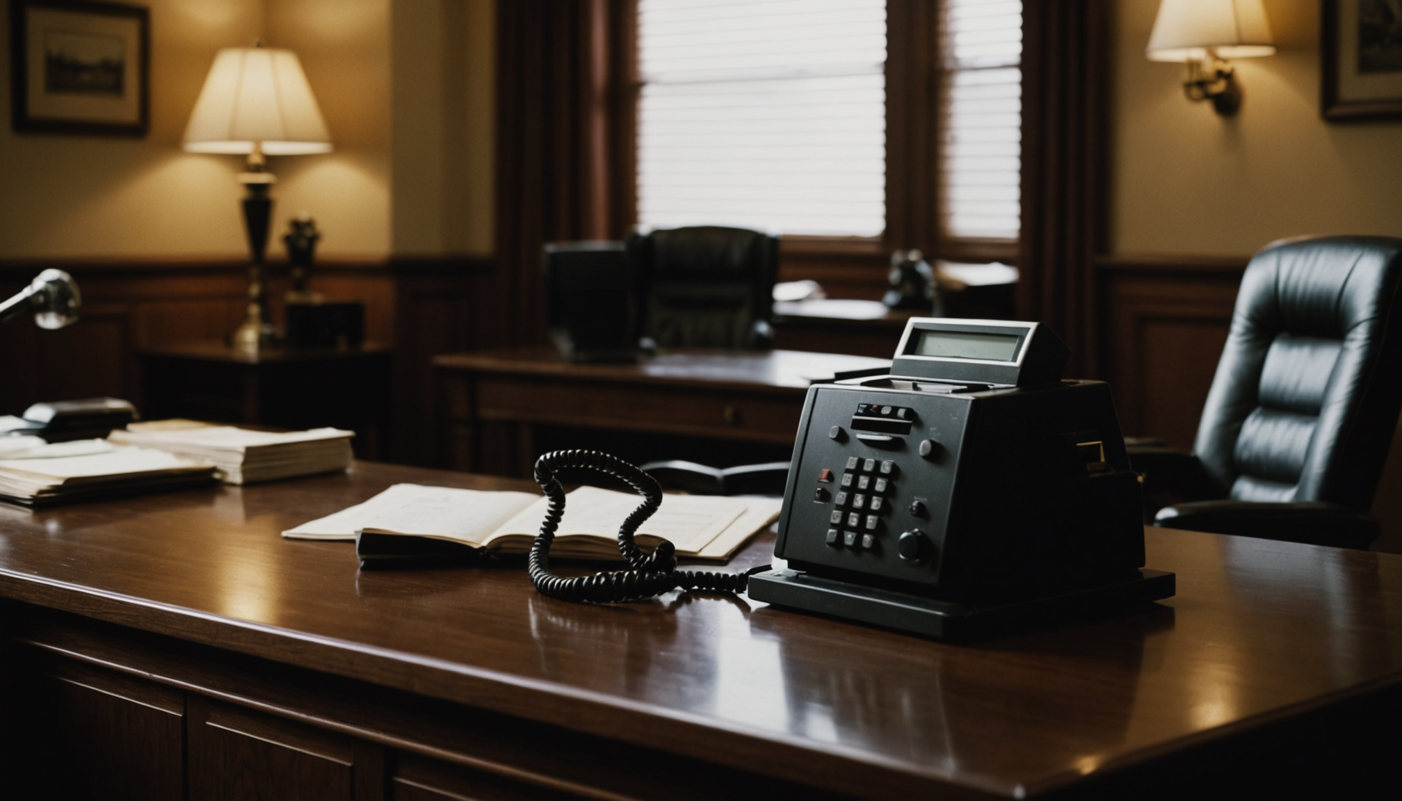 Attorney reviewing thick case file folders at a desk in a law office