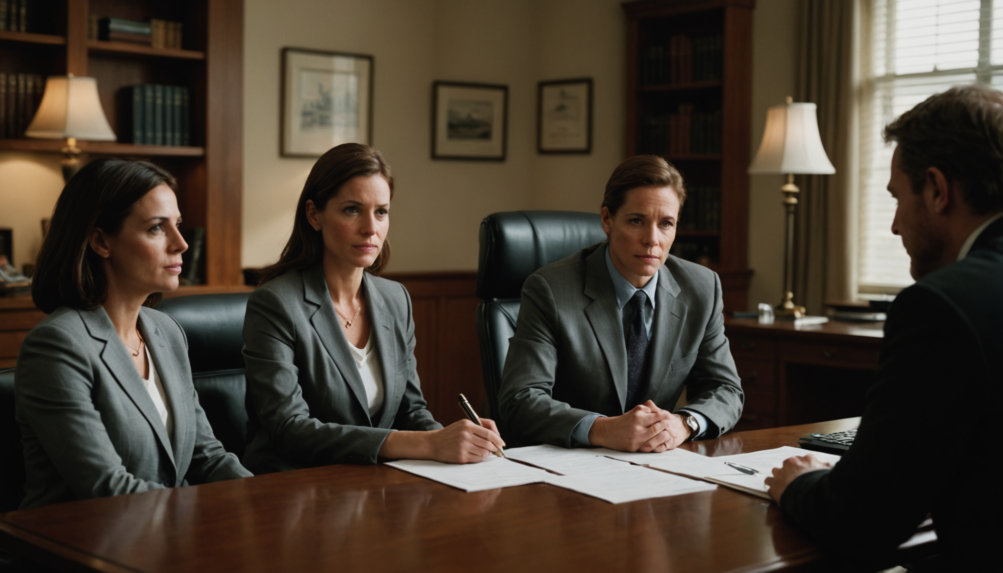 Paralegal and case manager reviewing legal documents at a family law office desk