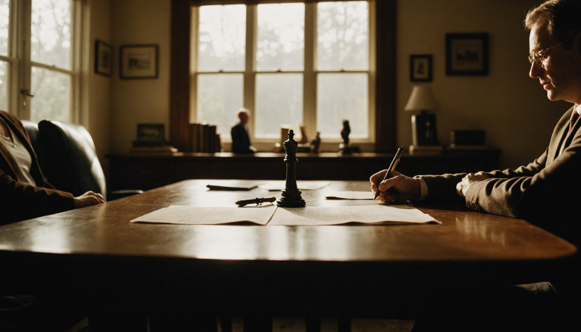 Two people reviewing documents across a desk in a professional law office consultation
