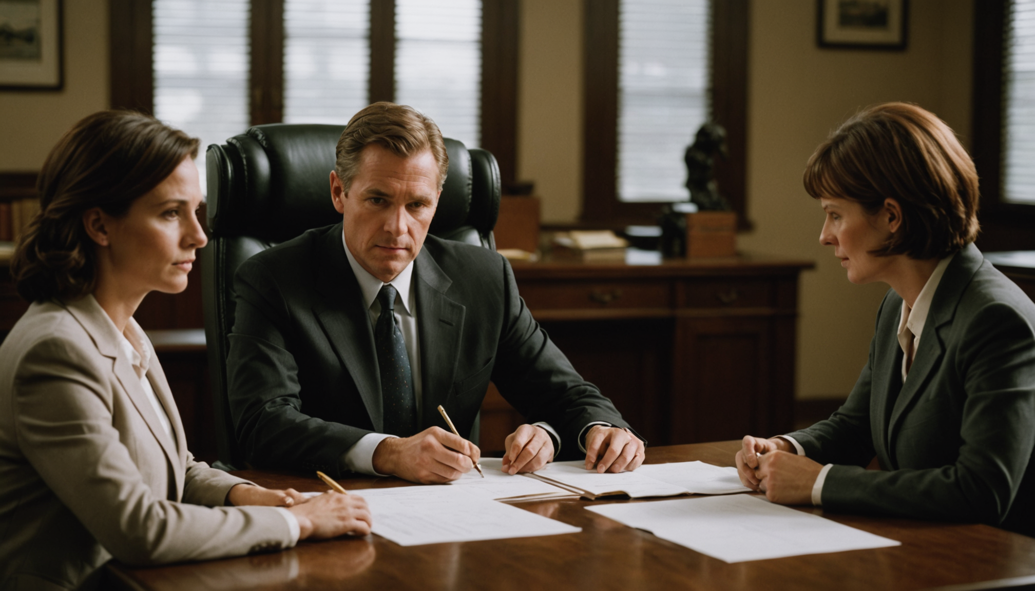 Attorney reviewing custody, support, and property documents spread across a conference table