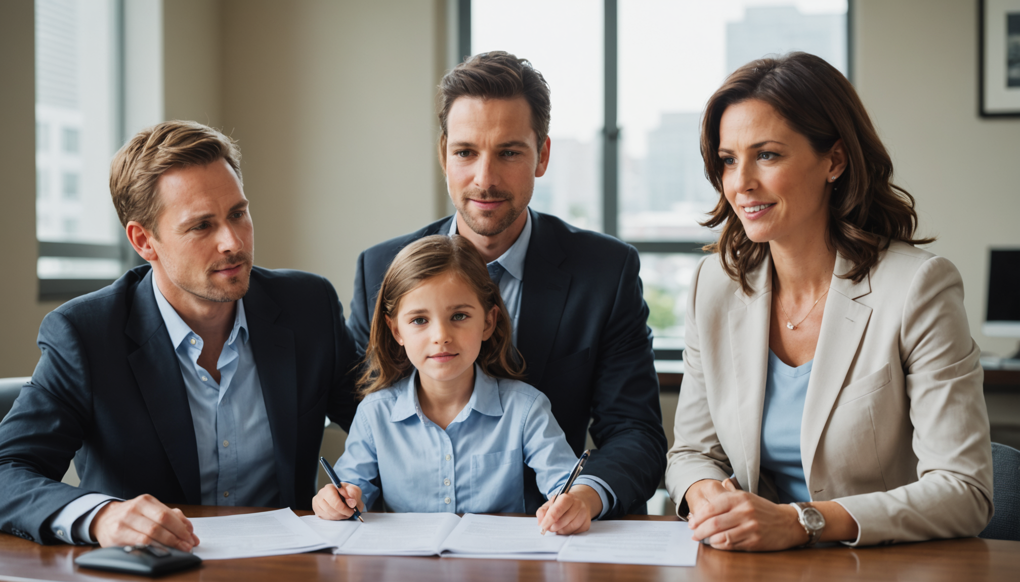 Attorney reviewing family law documents with concerned client across desk